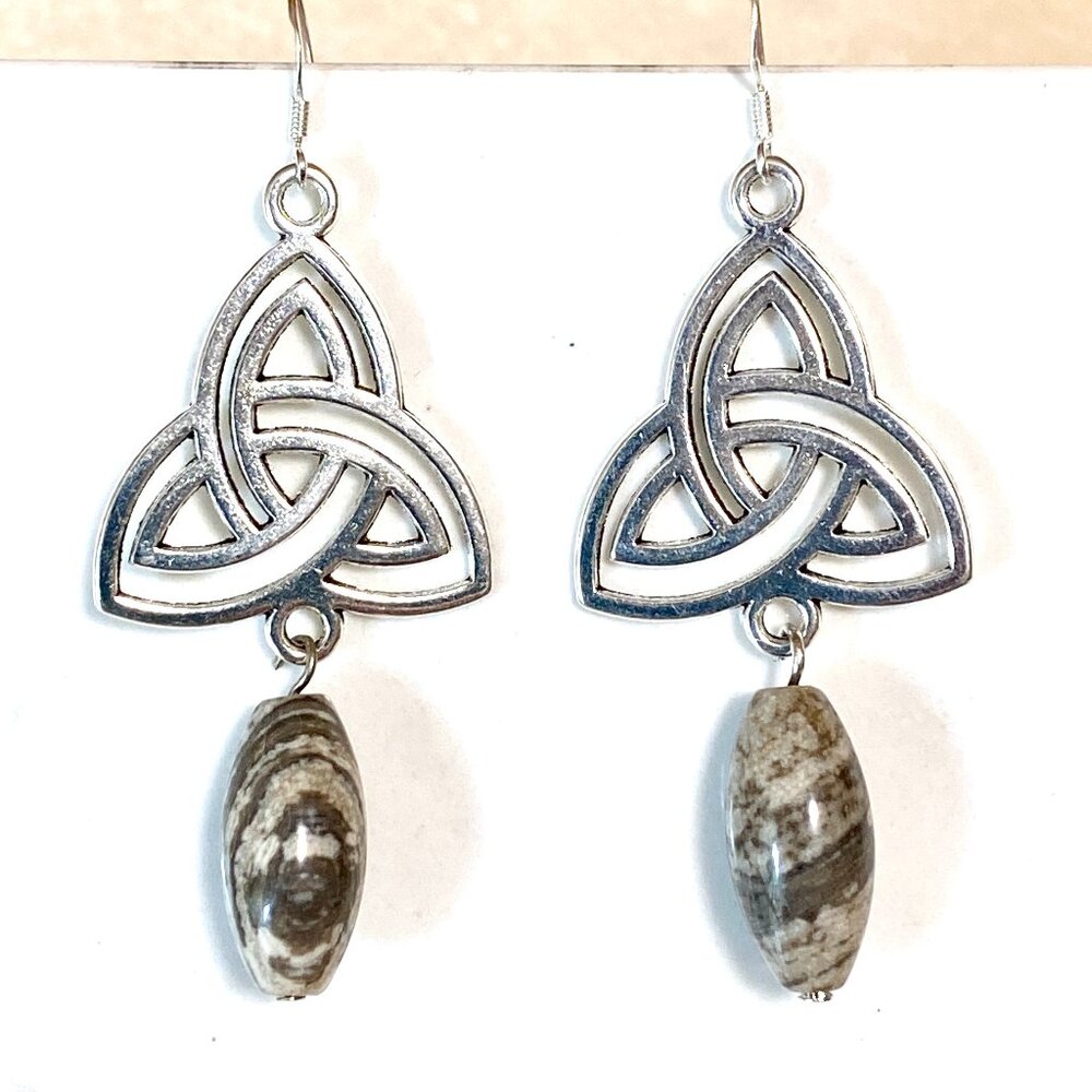2/$20, Genuine Earthy Picasso Stone Triqueta Sterling Silver Dangle Earrings